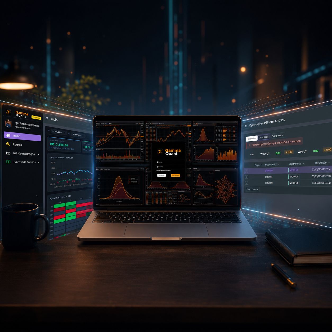 Nova interface da Plataforma Gamma Quant com novas funções: mockup de laptop exibindo painéis de análise quantitativa